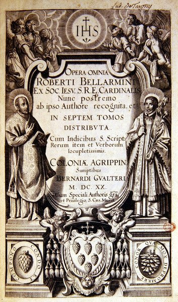 صفحة العنوان لأوبرا Omnia (الأعمال الكاملة) لروبرت بيلارمين ، طبعة نُشرت في كولونيا عام 1620 (ورق مطبوع) بواسطة المدرسة الألمانية