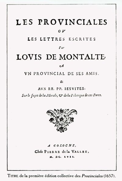 صفحة عنوان Les Provinciales بواسطة Blaise Pascal (1623-62) ، أمستردام ، 1657 (حبر على ورق) بواسطة المدرسة الألمانية