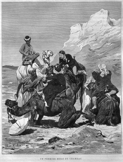 السائحون على ظهر الإبل ، من مصر لجورج موريتز إيبرس (1837-1898) ، 1881 (النقش بالأبيض والأسود) بواسطة المدرسة الألمانية