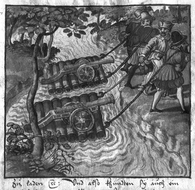 نقل البنادق والمدافع عبور النهر على الطوافات ، رسم توضيحي من LArt de lArtillerie بواسطة Wolff de Senftenberg ، أواخر القرن السادس عشر بواسطة المدرسة الألمانية