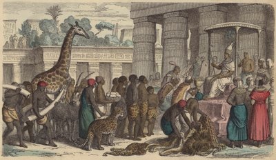 Tribute offerings from Ethiopia being presented to the Pharaoh of Egypt (coloured engraving) بواسطة المدرسة الألمانية