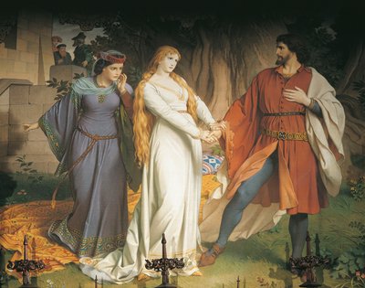 Tristan and Isolde meet in secret for the last time, but their meeting is betrayed and King Mark wounds Tristand with a poisoned spear, Bedroom (mural) بواسطة المدرسة الألمانية
