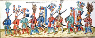 الإنكشارية التركية ، من مجموعة من الرسوم التوضيحية المتعلقة بمحكمة السلطان العثماني ، c.1600 (مرحاض على ورق) بواسطة المدرسة الألمانية
