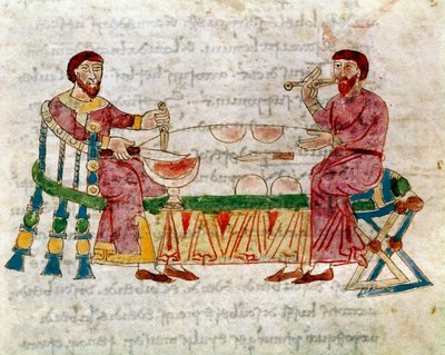 رجلان يمكن حضورهما أثناء تناول وجبة مأخوذة من مجلد "اللحوم واللحوم ، مخطوطة" الكون "" (أو De la Nature (De la Nature des choses)) (القد. 132) لموروس جوليان (أو رابان مور أو موريس) ( حوالي 780-856). القرن التاسع. أرشيف بواسطة المدرسة الألمانية