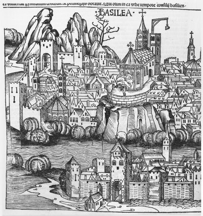 منظر لبازل ، توضيح من تاريخ نورنبرغ بقلم هارتمان شيدل (1440-1514) 1493 بواسطة المدرسة الألمانية