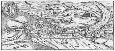 منظر لجنيف ، من Cosmographie Universelle بقلم سيباستيان مونستر (1488-1552) بازل ، تم نشره 1559 بواسطة المدرسة الألمانية