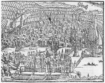عرض لزيورخ ، من Cosmographie Universelle بقلم سيباستيان مونستر (1488-1552) بازل ، تم نشره 1559 بواسطة المدرسة الألمانية