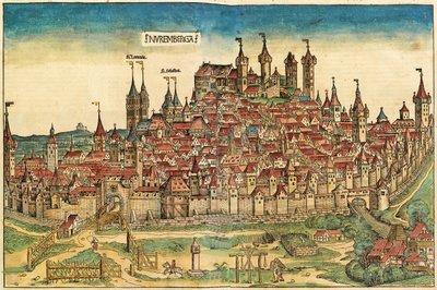منظر لمدينة نورمبرغا ، نُشر في نورنبرغ كرونيكل ، 1493 بواسطة المدرسة الألمانية