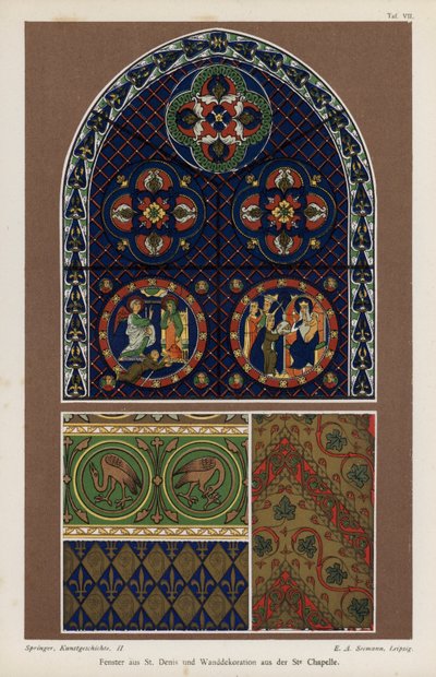 نافذة من كنيسة القديس دينيس وزخرفة جدارية من Sainte-Chapelle ، باريس ، فرنسا (لون ليثو) بواسطة المدرسة الألمانية