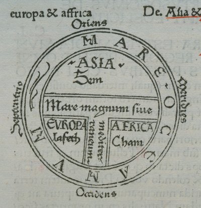 ص. ١٧٧ ظ خريطة T-in-O ، مع أسماء أماكن الحروف ، من Isidore of Seville ، Liber Etimologiarvm بواسطة المدرسة الألمانية