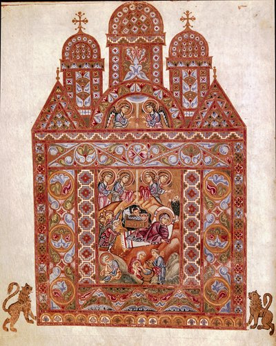 Nativite Miniature of the Codex of Egbert (Codex Egberti) بواسطة مدرسة Reichenau. 980 تقريبًا Cividale del Friuli أو Museo Archeologico أو Cathedrale de Cividale بواسطة المدرسة الألمانية