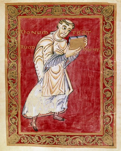 يأخذ الراهب Ruodprecht المخطوطة إلى قوس Egbert de Treves (977-993) المصغر من مخطوطة Egbert (Codex Egberti) من قبل مدرسة Reichenau. Cividale del Friuli أو Museo Archeologico أو Cathedrale de Cividale بواسطة المدرسة الألمانية