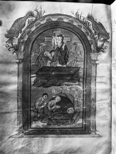 f.234v ، النزول عن الصليب وزيارة التلاميذ عند القبر ، Liuthar-Evangeliar / Otto-Evangeliar ، c.990 (تمبرا على ورق) بواسطة المدرسة الألمانية