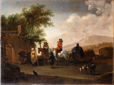 المسافرون على ظهور الخيل يأخذون المرطبات على ممر جبلي ، في منظر طبيعي إيطالي بواسطة جيريت أدريانينز بيركهايد