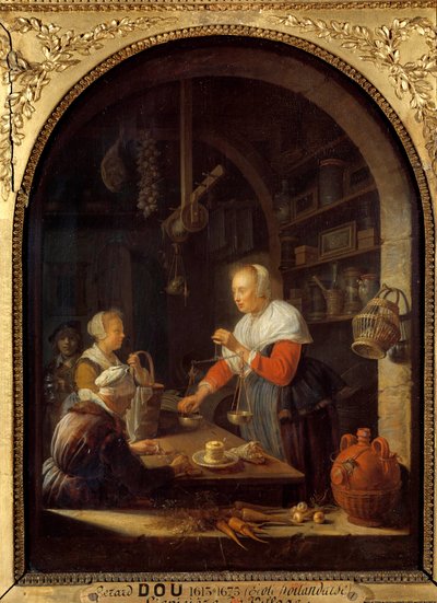 The grocer of the village (with the portrait of the painter in the background) Painting by Gerard Dou (1613-1675) 1647 Sun. 0,38x0,29 m بواسطة جيريت دو