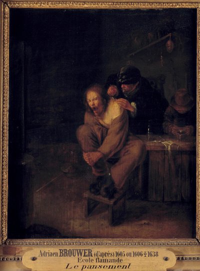 Operation (or dressing) A surgeon caring for a patient. Painting by Gerrit Lundens (1622-1683) after Adriaen Brouwer (1605/1606-1638). 17th century. Dim. 0,32x0,28 m. بواسطة جيريت لوندينز