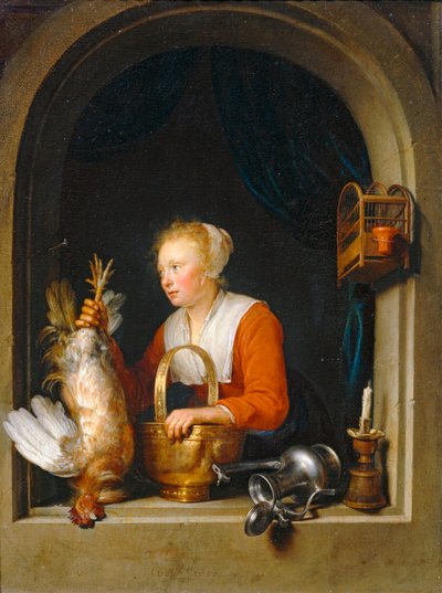 Femme accrochant un coq à sa fenetre, dit aussi La Menagère hollandaise - امرأة تعلق ديكاً في جحرها، وتسمى أيضاً ربة المنزل الهولندية ... بواسطة جيريت أو جيرارد دو
