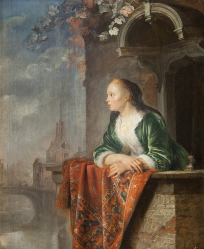 امرأة شابة على شرفة - شابة على شرفة - جيرارد (جيريت) دو (1613-1675). زيت على قماش ، حوالي 1665. المتحف الوطني ، براغ بواسطة جيريت دو