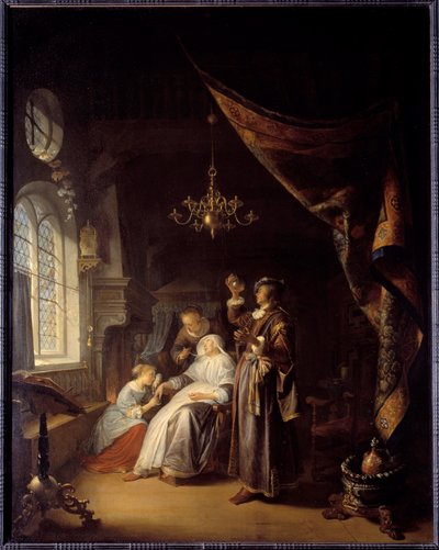 المرأة المائية. يقوم الطبيب بفحص بول المرأة المصابة بالاستسقاء. رسم جيرارد دو (1613-1675) Ec. هول بواسطة جيريت دو
