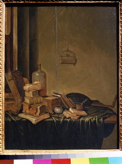 لا تزال الحياة مع الكتب. لوحة لجيريت فان فوخت (1600 أو 1620 - حوالي 1697). زيت على خشب ، ٣٤ × ٢٨ سم. مدرسة هولندية من القرن السابع عشر. متحف بوشكين للفنون الجميلة ، موسكو. بواسطة جيريت فان فوخت