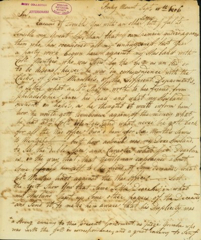 وقعت الرسالة جيرترود جوان سينف ، روكي ماونت ، إلى توماس جيفرسون ، 11 سبتمبر 1806 بواسطة جيرترود جوان خردل