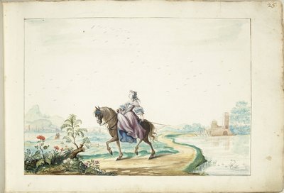 امرأة على ظهور الخيل في منظر طبيعي بواسطة جيسينا تير بورش (توقيع الفنان)