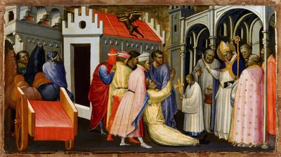 القديس هيو من لينكولن يطرد رجلًا يمتلكه الشيطان - رسم غيراردو ستارنينا (1364-1413) - 1404-1407 - تمبرا على اللوح - 28.4 × 50.4 - بواسطة غيراردو ستارينا