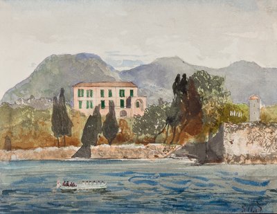 قارب تجديف مع علم Borbone يقترب من منزل كبير على ساحل نابولي ، مع إضافات من قبل الأمير Gaetano Maria Federico di Borbone (1846-1871) (قلم رصاص ، wc und gouache) بواسطة جياسينتو جيجانتي