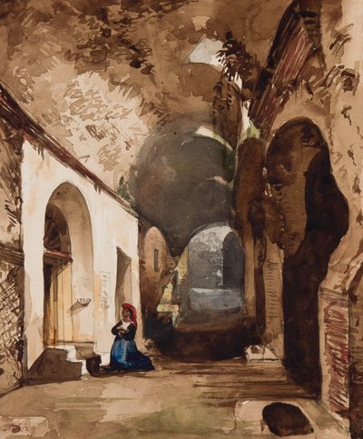 امرأة تصلي في ضريح مقبب في مدرج Pozzuoli ، مع إضافات من الأميرة ماريا Annunziata di Borbone (1843-1871) (قلم رصاص ، مرحاض وجواش على ورق) بواسطة جياسينتو جيجانتي