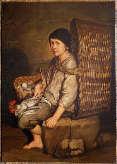 صبي إيران يجلس مع سلة على ظهره ، بيض ودواجن ، حوالي عام 1735 (زيت على قماش) بواسطة جياكومو سيروتي