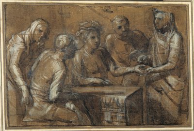 Five figures in an interior (charcoal heightened with white body colour) بواسطة جياكومو (Attr. To) Cavedone