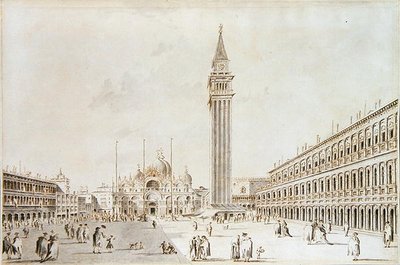 منظر لساحة سان ماركو متجهًا نحو البازيليكا و Campanile (قلم حبر وحبر مغسول على الورق) بواسطة جياكومو جواردي