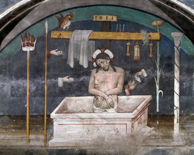 المسيح محاطًا برموز العاطفة ، لوحة جدارية لجياكومو جاكوريو (1375-1453) ، دير القديس أنتوني رانفيرسو ، بوتيجليرا ألتا ، بيدمونت ، إيطاليا بواسطة جياكومو جاكوريو