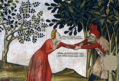 ينبوع الشباب. التفاصيل: رجل يسحب امرأة في الأدغال. 1418-30 بواسطة جياكومو جاكوريو