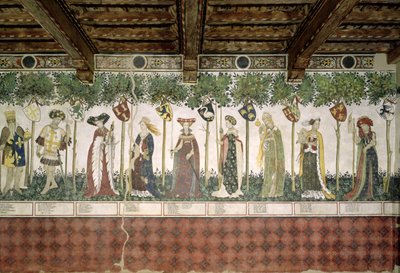 The Nine Worthies and the Nine Worthy Women، detail of Charlemagne، Godfrey de Bouillon، Delphine، Iynoppe، Hippolyte، Menalyppe، Semiramis، Lampeto and Tamyris، 1418-30 بواسطة جياكومو جاكوريو