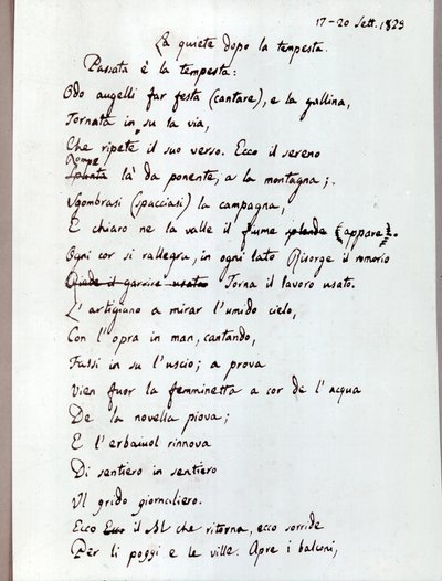 مخطوطة قصيدة "السكون بعد العاصفة" لليوباردي. 1829 (وثائق) بواسطة جياكومو ليوباردي