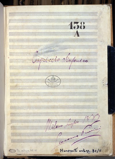 نوتة موسيقية لمخطوطة "سيمفونيك كابريس" "(سيمفونيك كابريس) للمؤلف جياكومو بوتشيني (1858-1924) 1883. مكتبة معهد جوزيبي فيردي الموسيقي ، ميلان بواسطة جياكومو بوتشيني