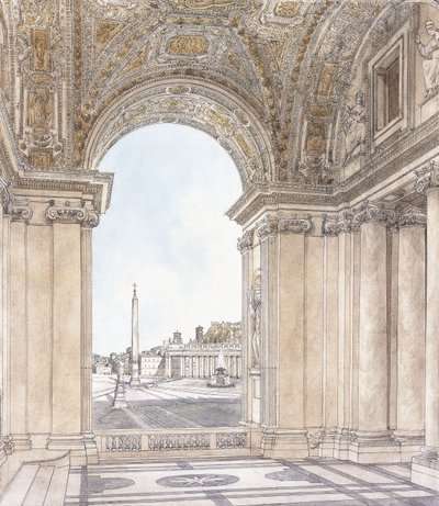 منظر لساحة سان بيترو ، روما تطل جنوبا من Portico of the Basilica ، قبل 1779 بواسطة جياكومو كورينغي