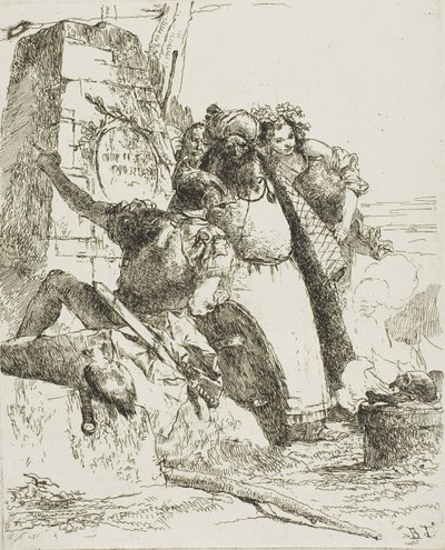 ساحر وجندي وثلاثة شخصيات تراقب جمجمة مشتعلة ، من شيرزي بواسطة Giambattista Tiepolo