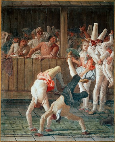 Commedia dell'arte: "" البهلوانيون (Polichinelle أو Pulcinella والأكروبات) اللوحة بواسطة Giandomenico Tiepolo (1727-1804) 1793 تقريبًا. شمس. 196x160 سم Ca 'Rezzonico ، البندقية بواسطة جيوفاني دومينيكو تيبولو
