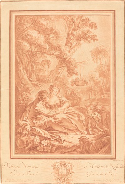 عاشقان جالسان عند سفح شجرة كبيرة ، فاجأتهما فتاتان بواسطة Gilles Demarteau, the Elder after François Boucher