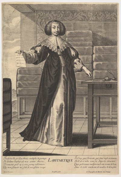 الحساب: امرأة شابة تقف على طاولة ، تحمل ورقة عليها أرقام مكتوبة في ... ، 1633-35. بواسطة جيل روسيليت