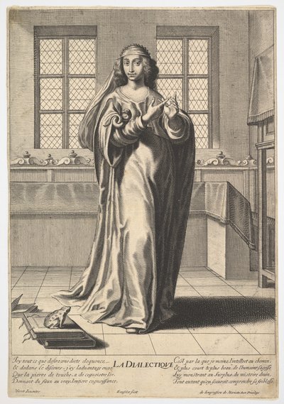 الجدلية: امرأة شابة تقف في الداخل مزينة ولمس مؤشرها الأيمن ... ، 1633-35. بواسطة جيل روسيليت