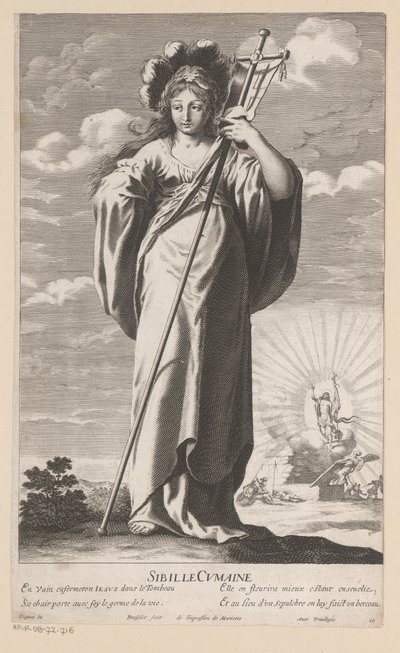 عرافة كوماي ، مع قيامة المسيح في الخلفية العرافة كوماين (العنوان على الكائن) العرافات (عنوان المسلسل) ليه Sibylles (عنوان المسلسل) بواسطة جيل روسيليت