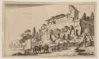 فيلا تضم أطلالاً على مرتفع على يمين النهر، من اثني عشر منظرًا طبيعيًا بواسطة Gillis van Scheyndel