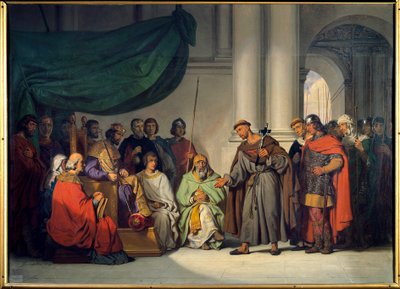 First Crusade: “” The Eastern Emperor Alexis Comnene (1048-1118) receives Peter the Hermit who came to exhort him to the Crusade in Constantinople in August 1096”” Painting by Gillot Saint Evre (1791-1858) 1839 Sun. 0,98 x 1,36 m Versailles. Chateau Museum بواسطة جيلو سانت إيفري