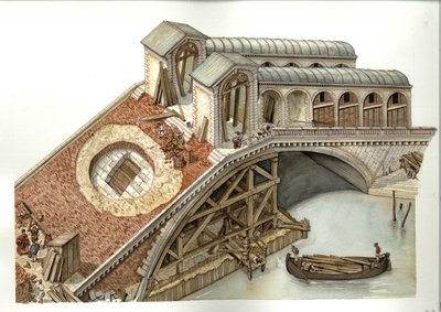 الهندسة المعمارية: موقع بناء جسر ريالتو في 1588-1591 في البندقية، إيطاليا. رسم توضيحي لجيورجيو ألبرتيني (لا يخضع استخدام أعمال هذا المؤلف لتصريح من طرف ثالث أو دفع إتاوات إضافية. بواسطة جورجيو ألبرتيني