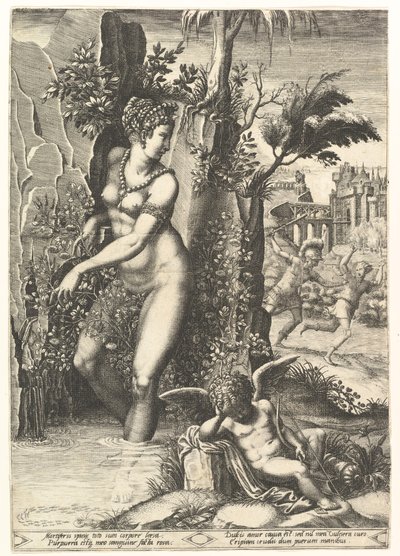 وخز فينوس من الأشواك على شجيرة الورد ، في الخلفية المريخ يطارد أدونيس ، في ... ، 1556. بواسطة جورجيو غيسي