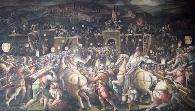 إيطاليا ، فلورنسا ، Palazzo Vecchio (القصر القديم) ، Salone dei Cinquecento ، الاستيلاء على الحصن بالقرب من Port Camollia في Siena بواسطة جورجيو فاساري