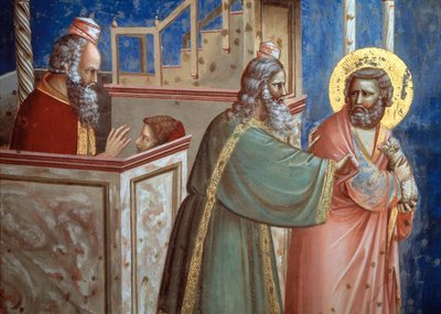 جاء الكاهن الرافض ليواكيم ومعه شاة ليذبحه. التفاصيل من حياة القديسة حنة والقديسة يواكيم (جدارية بواسطة جيوتو (سي 1266 1337)